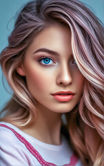 Naklejka premium Beauty portrait of an attractive young woman with beautiful curly hair. Close-up portrait of a woman.