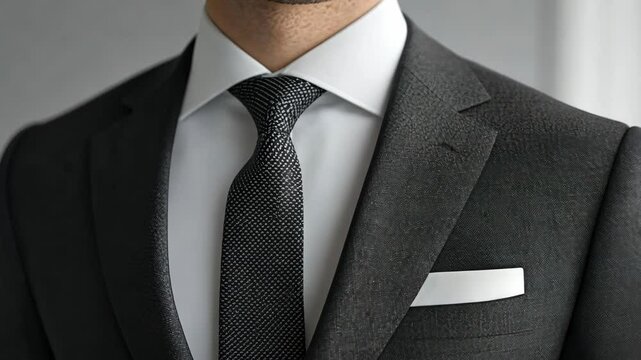 A close-up shot of a man's dark suit with a white dress shirt and a black patterned tie, showing off a white pocket square
