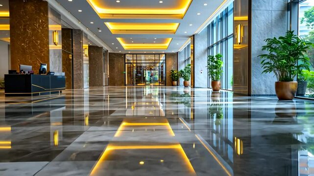 A polished marble floor gleams under bright lights in a modern hotel lobby