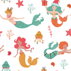 Christmas Mermaid seamless pattern. Cute Mermaid with Christmas elements and jellyfish.	