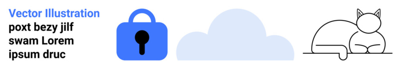 Blue lock symbol next to a cloud shape and a minimalist cat outline. Ideal for security themes, cloud computing, pet-related content, minimalistic design, tech branding, online articles, user