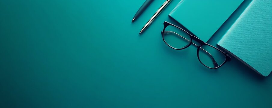 Bureau bleu sarcelle avec carnet, lunettes et stylet, espace pour texte au centre..