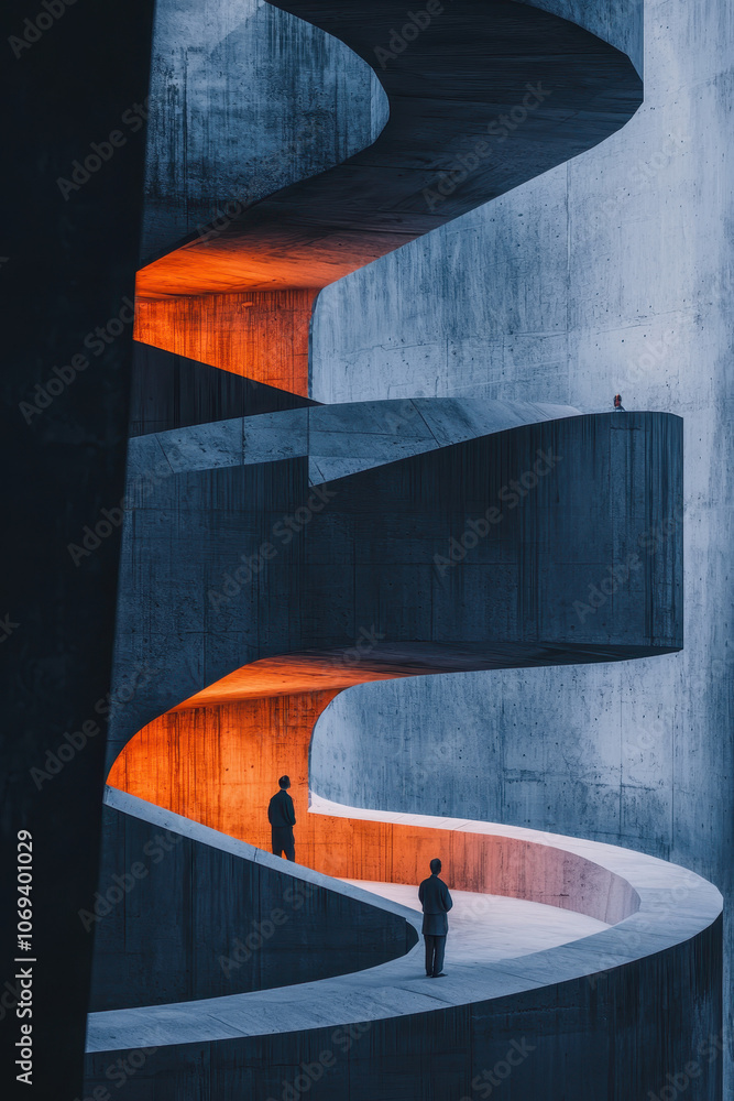 Poster exploring modern architectural design with a mesmerizing spiral staircase