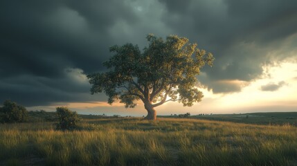 Fototapeta premium Lone Tree Under Stormy Sky at Sunset