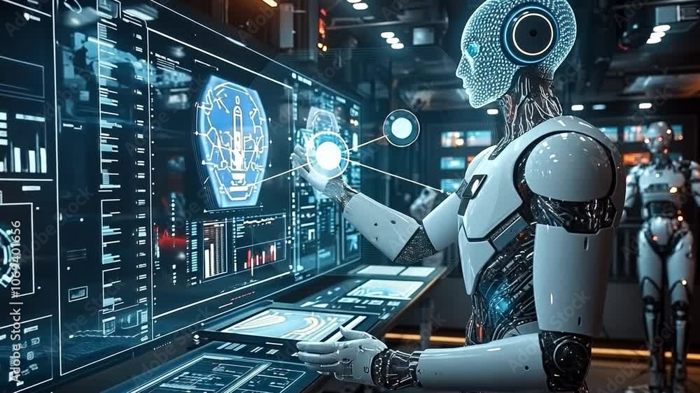 Poster advanced robotic system analyzing data in a futuristic control room with digital displays