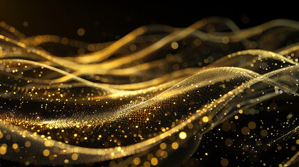 Gold particle wave lines thin and delicate appear light and airy against a black background AI Generated Image