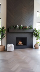 Modern interior with a stylish fireplace and decorative plants in a cozy setting