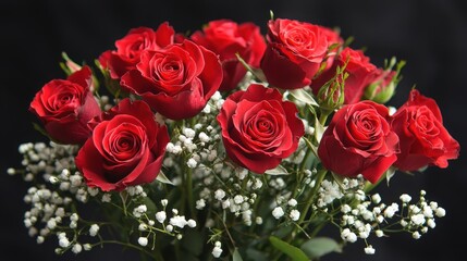 Naklejka premium A vivid bouquet of red roses and baby's breath on a dark backdrop