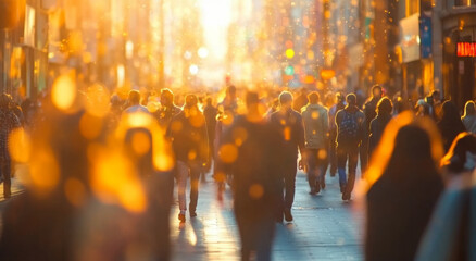 Fototapeta premium A crowd of people walking down the street, blurred background, closeup shot, crowd, urban setting