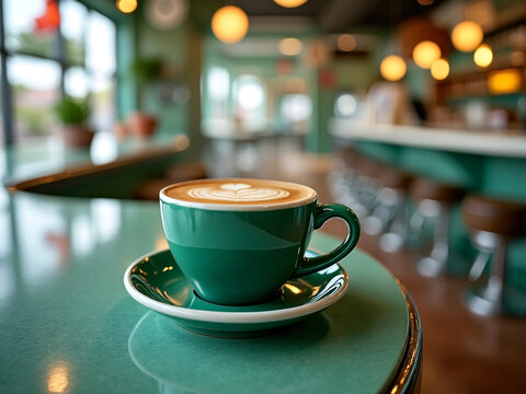 A bright shiny green cup filled with fresh latte at a 70s retro diner with soft focus background