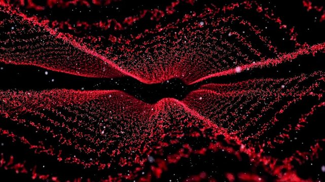 Red particles swirl against a black background, perfect for dynamic backgrounds, motion graphics, technologythemed designs, or abstract visual concepts.