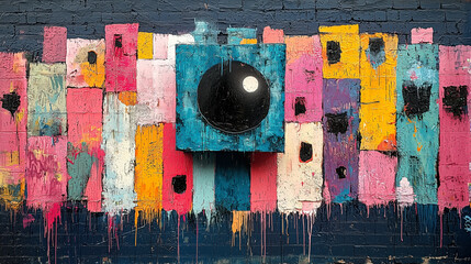 Vibrant Urban Graffiti Mural on Brick Wall with Bold Colors and Intricate Design