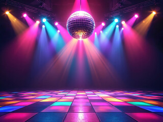 Retro style 70s disco club background with groovy dance floor mirror ball hanging from ceiling and colorful spotlights