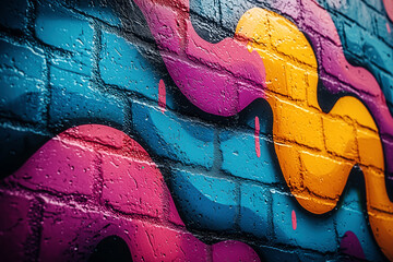 Vibrant Urban Graffiti Mural on Brick Wall with Bold Colors and Intricate Design