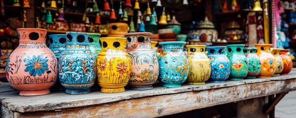 Fototapeta premium Colorful Decorative Pots on a Rustic Wooden Table