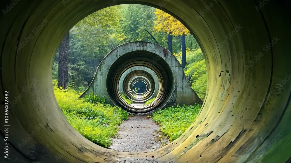Poster A view through a large concrete pipe into a forest with multiple smaller pipes in the distance