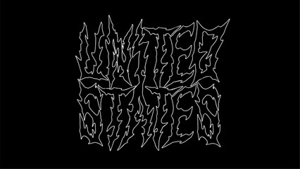 United States vector typography design in jagged, thorn like letters, creating a chaotic, metal inspired look. The intense, white on black style evokes a dark, rebellious vibe.