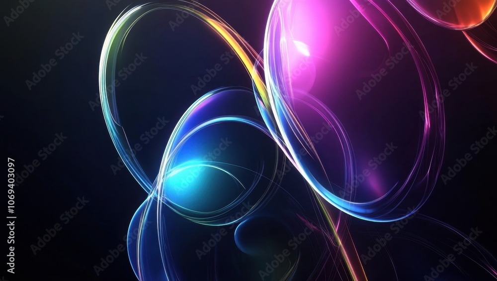 Poster abstract colorful shapes in the style of digital art, black background, 3d rendering, smooth curves 