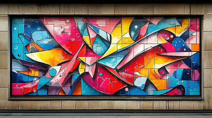 Vibrant Urban Graffiti Mural on Brick Wall with Bold Colors and Intricate Design