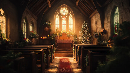 Fototapeta premium A reverent scene inside a small chapel during a Christmas service, with soft lighting and prayers.