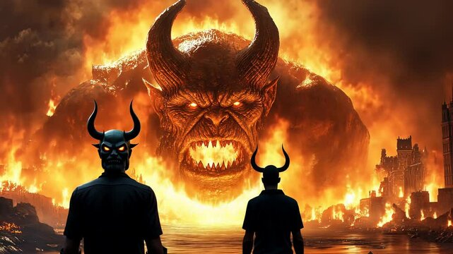 A tremendous clash unfolds as a giant demon towers over a burning landscape, evoking fear and awe in this dark fantasy realm