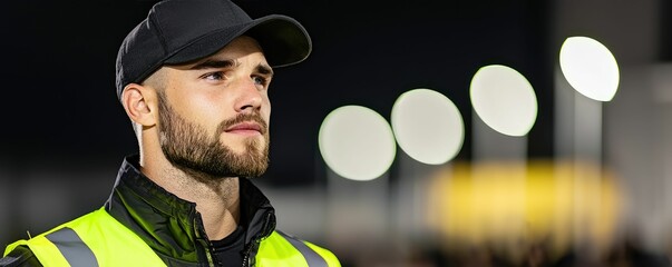 A focused man wearing a safety vest and cap stands under bright lights, exuding authority and vigilance in a nighttime setting.