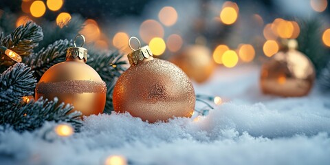 golden Christmas baubles resting on snow-covered fir branches, perfect for holiday decorations, greeting cards