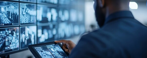 A person monitors multiple security camera feeds on a tablet, analyzing live video footage in a control room filled with screens.