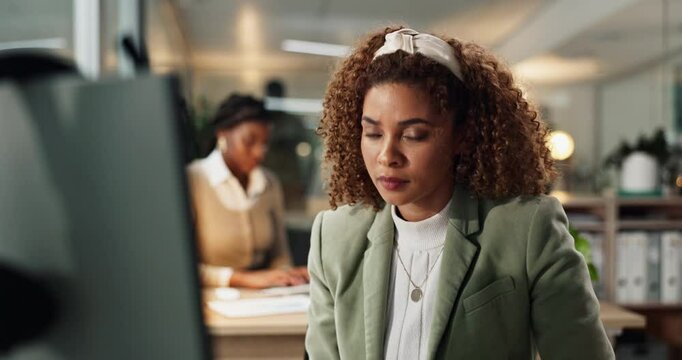 Business woman, computer and idea for research, networking contact and client communication in office. Human resources, manager and thinking for review performance, development or employee engagement