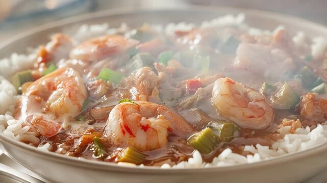 Savor a steaming bowl of spicy shrimp gumbo with rice, okra, and green onions, a comforting cajun dish packed with seafood, veggies, herbs, and spices