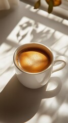 A warm cup of coffee resting on a saucer on a white tabletop with soft shadows in the morning light