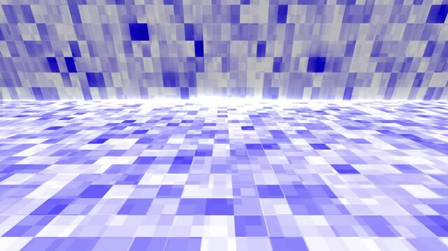 Blue and white square tiles form a receding floor and wall.
