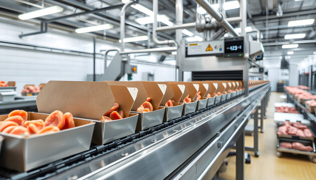 Line for the production of semi-finished meat products.Meat processing in food industry.Packing of meat slices in boxes on a conveyor belt.modern poultry processing plant isolated with white highlig