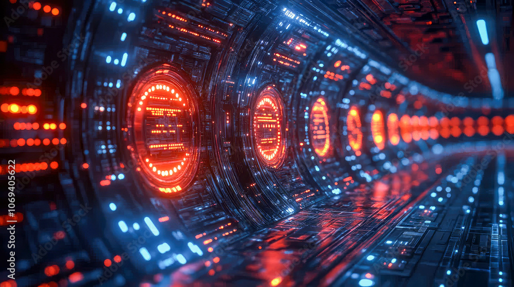 Poster A high-tech, futuristic tunnel with glowing red and blue lights creating a sense of depth and energy, perfect for representing advanced technology and data flow concepts