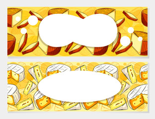 Cheese frame illustration with cottage cheese, Swiss cheese, and feta in bowls and blocks. Blank space in the center suitable for recipes or labels. Vector illustration