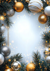 A festive wreath of gold and silver baubles frames a blank space, ready for holiday greetings. Sparkling lights add a touch of warmth to this elegant Christmas design.