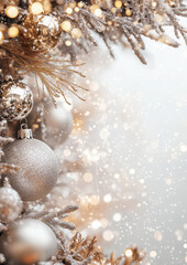 Snowy branches adorned with silver and gold baubles, set against a blurred winter backdrop, create a magical, festive scene perfect for warm holiday visuals.
