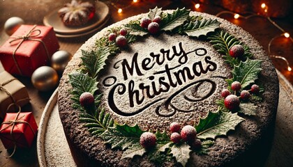 Christmas Cake with "Merry Christmas" Icing and Holly Decor. Perfect centerpiece for a Christmas celebration.