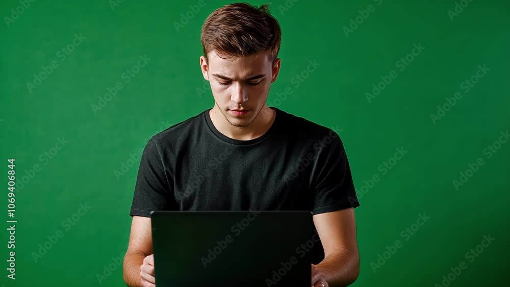 Poster young programmer concentrating on coding and developing software on a laptop, set against a vibrant 