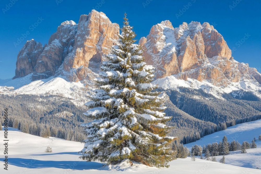 Poster snow capped dolomite mountains with evergreen tree in foreground under a clear blue sky creating a p