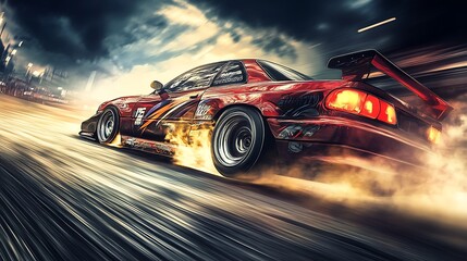 Dynamic blue sports car drifting amidst swirling track smoke image