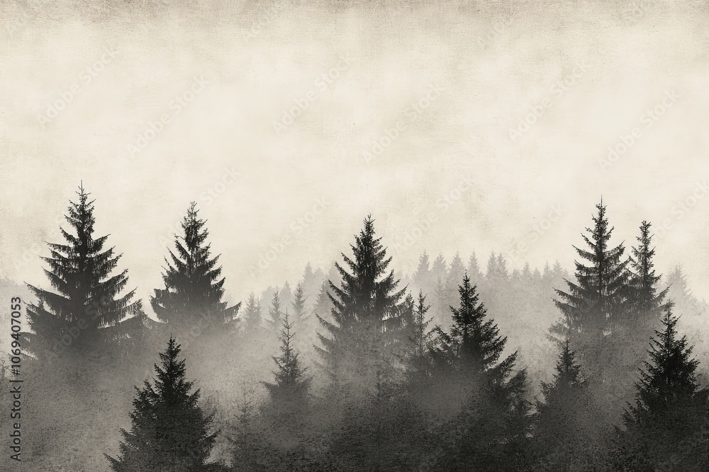 Poster misty forest landscape in sepia tones with silhouettes of tall pine trees creating a vintage mysteri