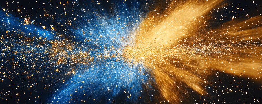 Explosion de paillettes bleues et jaunes avec particules scintillantes pour un look festif..