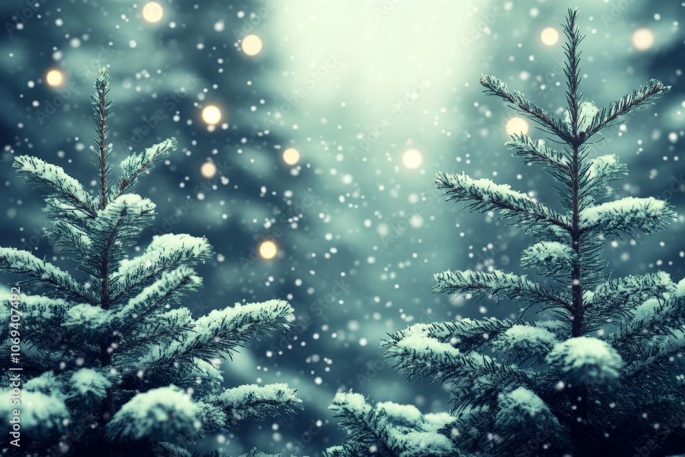 Poster snow covered evergreen branches with soft winter light filtering through creating a peaceful magical