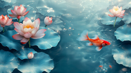 Fototapeta premium Vibrant goldfish swimming among blooming lotus flowers in tranquil aquatic environment