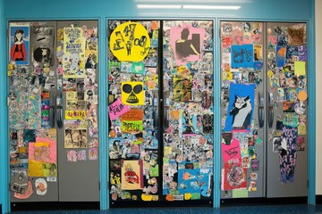 Vibrant Student Lockers Adorned with Colorful Stickers and Artwork, Showcasing Personal Expression in a School Hallway