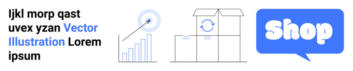 Graph with upward trend and person icon, open box with arrows indicating shipping, and blue speech bubble with Shop. Ideal for e-commerce, online shopping, business growth, packaging, sales. Banner