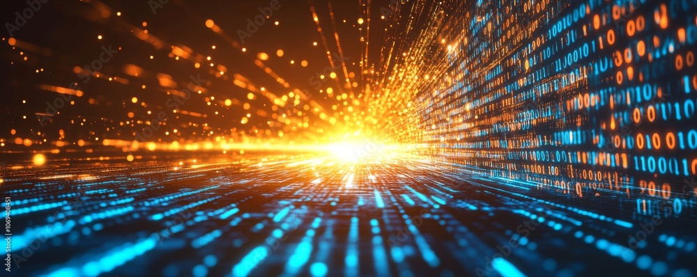 Poster Abstract digital data stream with binary code and bright light burst, futuristic technology concept