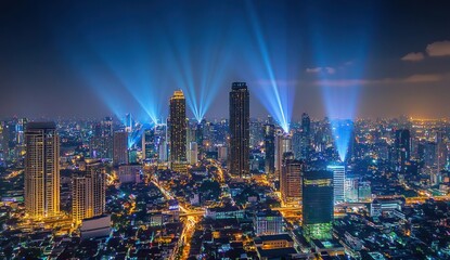 Night view of the Bangkok cityscape with light beams and digital data connections in the sky, showcasing advanced technology in urban life Generative AI