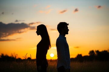 Silhouetted couple in conflict at sunset, representing marriage issues, separation, and divorce